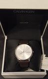 Calvin Klein Minimal Silver Dial Brown Leather Strap Watch for Men - K3M211G6