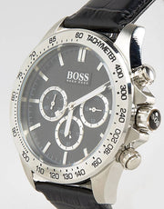 Hugo Boss Ikon Chronograph Black Dial Black Leather Strap Watch for Men - 1513178