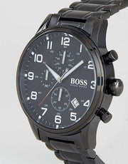 Hugo Boss Aeroliner Chronograph Black Dial Black Steel Strap Watch for Men - 1513180