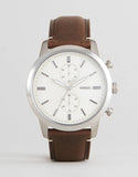 Fossil Townsman Chronograph White Dial Brown Leather Strap Watch for Men - FS5350
