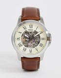 Fossil Grant Automatic Beige Skeleton Dial Brown Leather Strap Watch for Men - ME3099