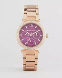 Michael Kors Mini Parker Multi-Function Plum Mother of Pearl Dial Rose Gold Steel Strap Watch For Women - MK6403