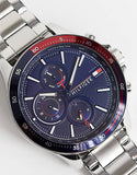 Tommy Hilfiger Bank Chronograph Blue Dial Silver Steel Strap Watch for Men - 1791718