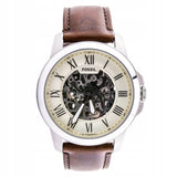 Fossil Grant Automatic Beige Skeleton Dial Brown Leather Strap Watch for Men - ME3099