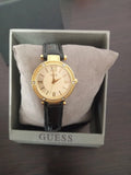 Guess Park Avenue Quartz Gold Dial Black Leather Strap Watch For Women - W0838L1