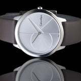 Calvin Klein Minimal Silver Dial Brown Leather Strap Watch for Men - K3M211G6