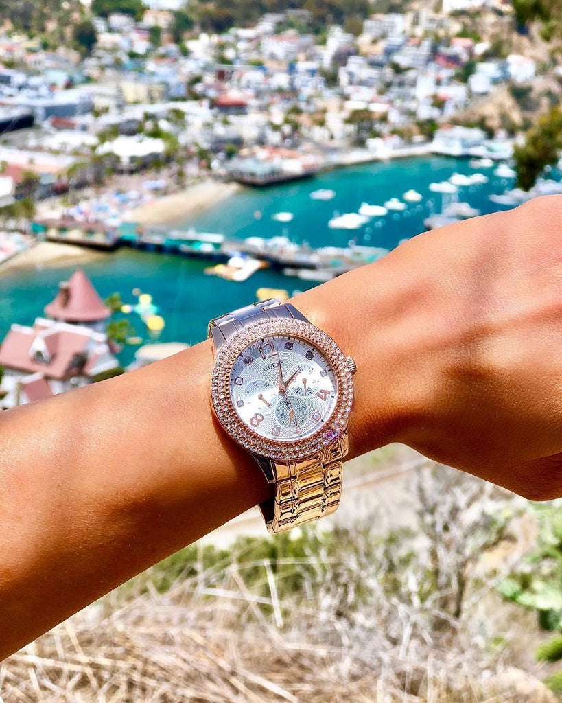 Guess Dazzler Diamonds Silver Dial Rose Gold Steel Strap Watch for