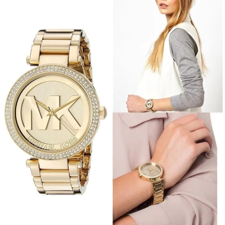 Michael Kors Parker Gold Dial with Diamonds Gold Steel Strap Watch