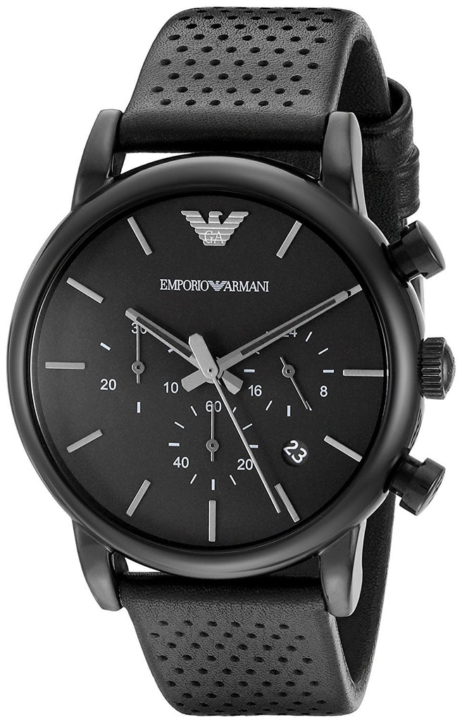 Emporio Armani Luigi Chronograph Black Dial Black Leather Strap