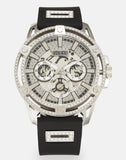 Guess King Quartz Crystals Silver Dial Black Silicone Strap Watch For Men - GW0537G1