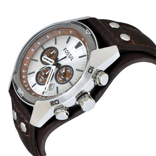 Fossil Coachman Dial Leather Strap Men for Watch Chronograph Silver Brown
