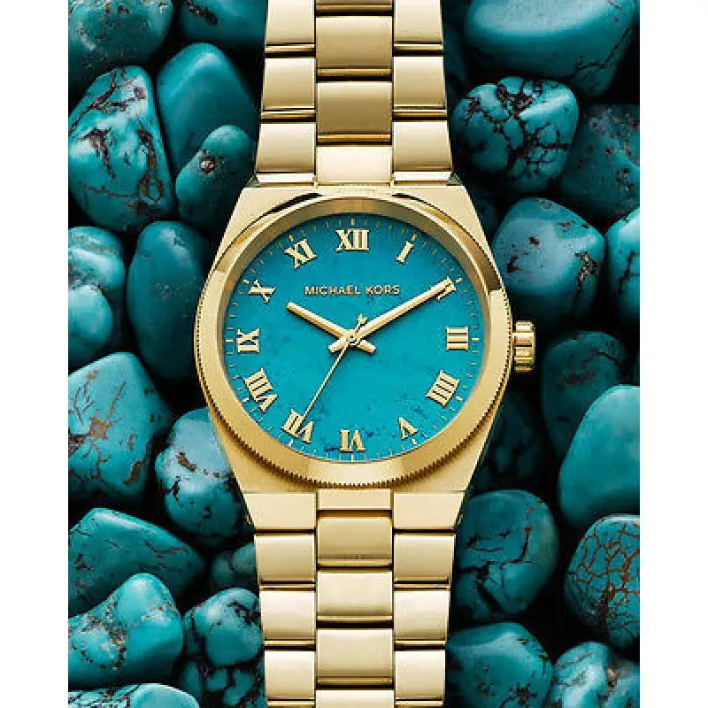Channing Dial Michael Kors Channing Turquoise Dial Gold Steel Strap Watch สำหรับผู้หญิง