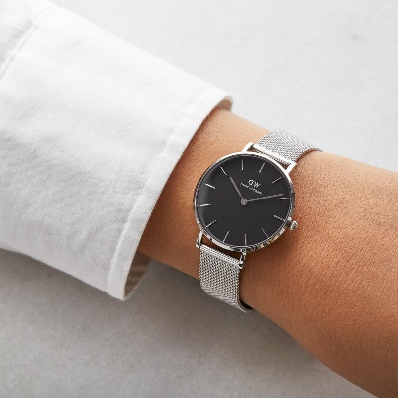 Daniel Wellington Classic Petite Sterling Black Dial Silver Mesh Bracelet Watch For Women