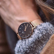 Daniel Wellington Petite Evergold Black Dial Gold Mesh Strap Watch For Women - DW00100345