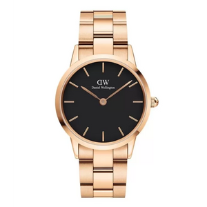 Daniel Wellington Iconic Link Black Dial Rose Gold Steel Strap Watch for Women - DW00100210