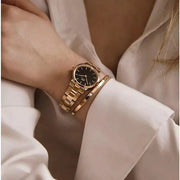 Daniel Wellington Iconic Link Black Dial Rose Gold Steel Strap Watch for Women - DW00100212