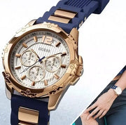 Guess Interpid White & Rose Gold Dial Blue Silicone Strap Watch For Women - W0325L8