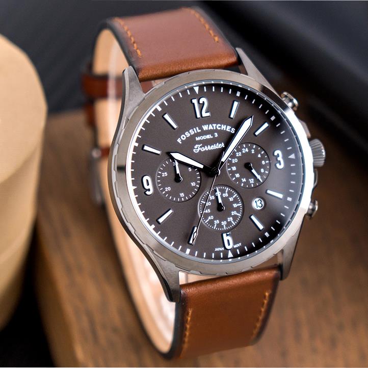 Fossil Forrester Chronograph Grey Dial Brown Leather Strap Watch