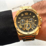 Michael Kors Brecken Chronograph Quartz Black Dial Gold Steel Strap Watch For Men - MK8481