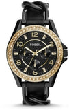 Fossil Riley Black Dial Black Leather Strap Watch for Women - ES3696