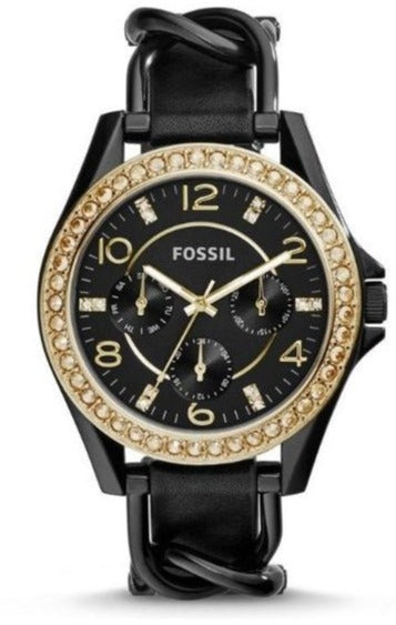 Fossil Riley Black Dial Black Leather Strap Watch for Women
