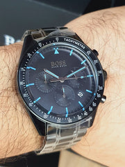 Hugo Boss Trophy Chronograph Black Dial Black Steel Strap Watch for Men - 1513675
