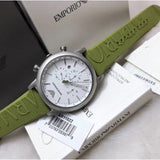 Emporio Armani Chronograph White Dial Green Rubber Strap Watch For Men - AR11022