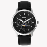 Fossil Neutra Minimalist Moonphase Black Dial Black Leather Strap Watch for Men - FS5904