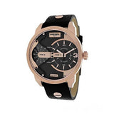 Diesel Mini Daddy Dual Time Black & Gold Dial Black Leather Strap Watch For Men - DZ7317