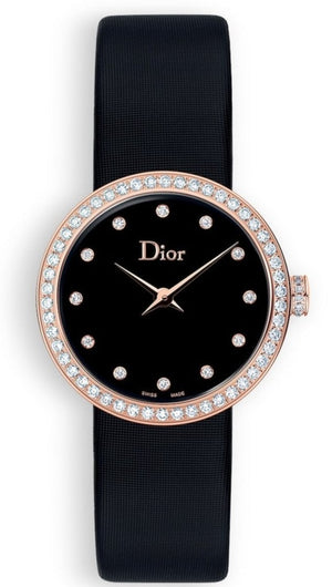 Dior La D De Diamonds Black Dial Black Leather Strap Watch for Women - CD047170A005 0000