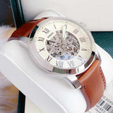 Fossil Grant Automatic Beige Skeleton Dial Brown Leather Strap Watch for Men - ME3099