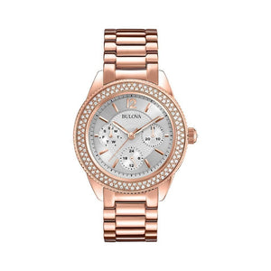 Bulova Crystal Silver Dial Rose Gold Steel Strap Watch for Women - 97N101