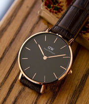 Daniel Wellington Classic Petite York Black Dial Brown Leather Strap Watch For Women - DW00100170
