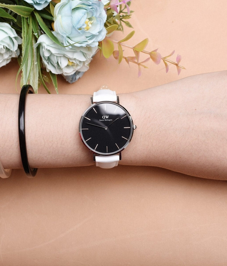 Daniel Wellington Classic Petite Bondi Black Dial White Leather Strap Watch  For Women