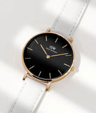 Daniel Wellington Classic Petite Bondi Black Dial White Leather Strap Watch For Women - DW00100285