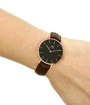 Daniel Wellington Classic Petite Bristol Black Dial Brown Leather Strap Watch For Women - DW00100165