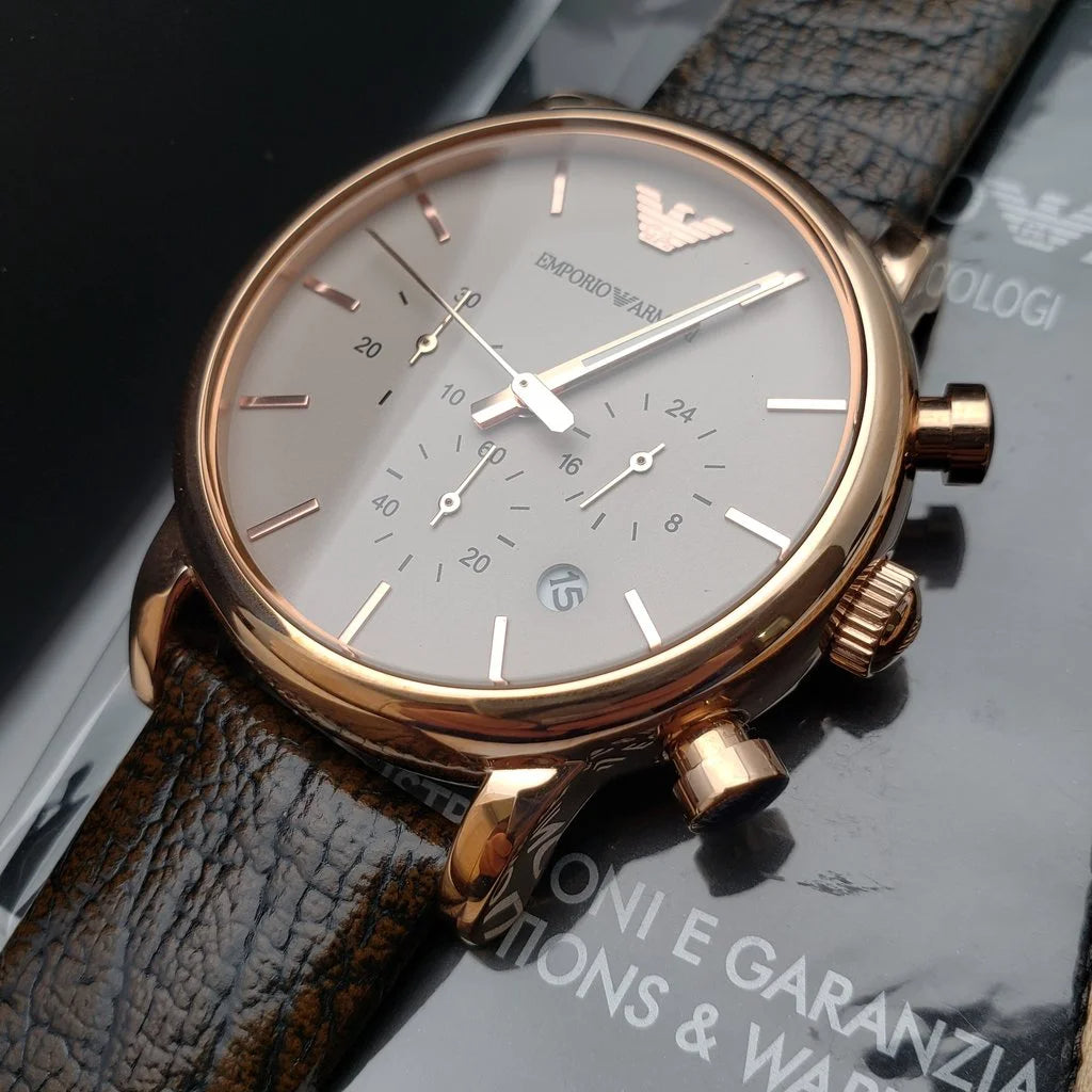 Emporio Armani Classic Chronograph White Dial Brown Leather Strap