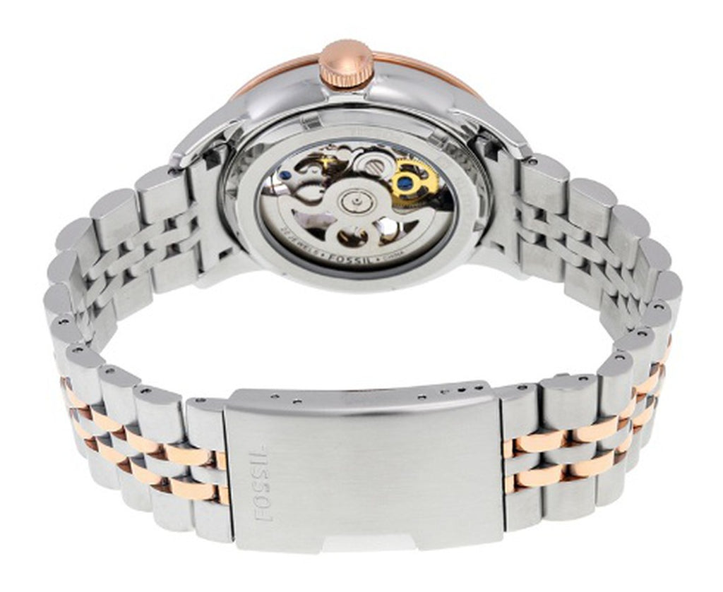 Fossil Townsman Automatic Skeleton White Dial Two Tone Steel Strap
