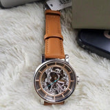 Fossil Boyfriend Automatic Skeleton Silver Dial Brown Leather Strap Watch for Women - ME3109