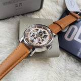 Fossil Boyfriend Automatic Skeleton Silver Dial Brown Leather Strap Watch for Women - ME3109