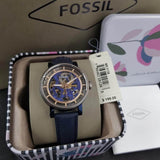 Fossil Boyfriend Skeleton Blue Dial Blue Leather Strap Watch for Women - ME3136