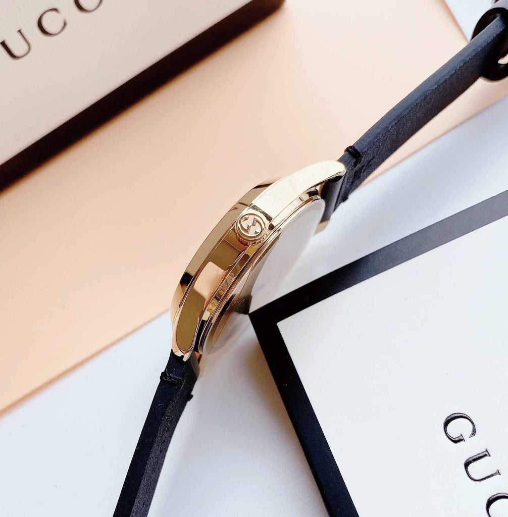 Gucci G Timeless Bee Motif Black Dial Black Leather Strap Watch