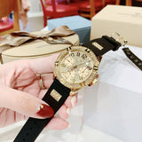 Guess Frontier Diamonds Gold Dial Black Rubber Strap Watch For Women - W1160L1