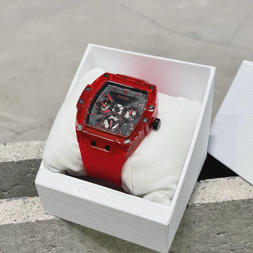 Black Dial for Guess Rubber Phoenix Men Strap Red Multifunction Watch