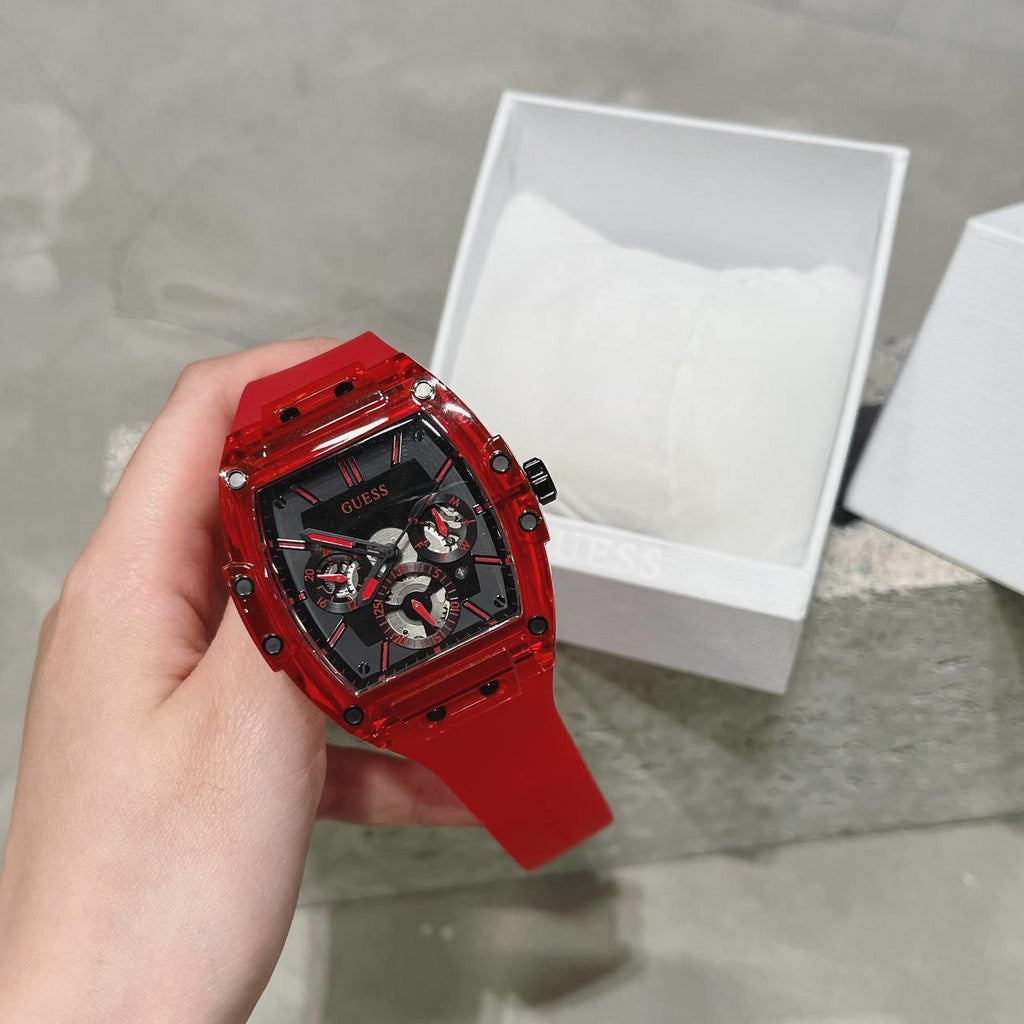 Red Multifunction for Phoenix Strap Rubber Men Black Guess Watch Dial