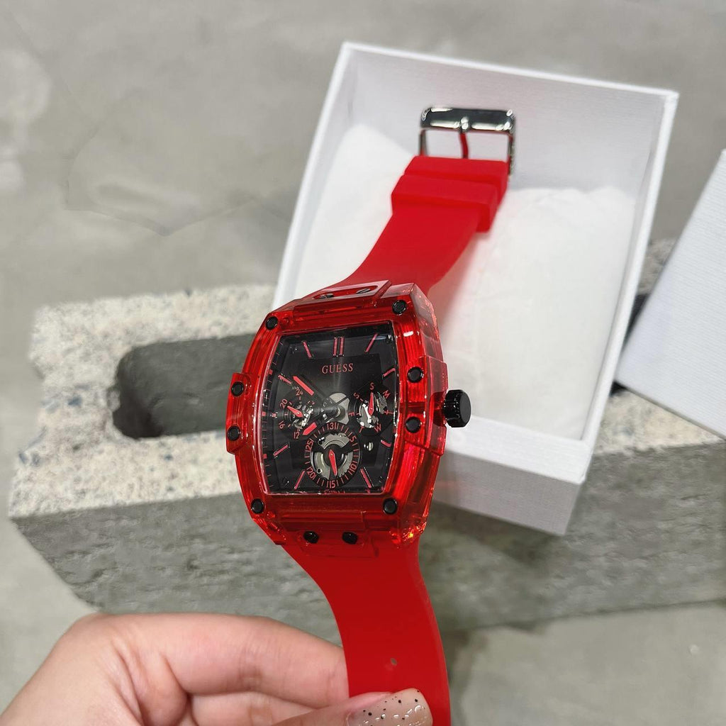 Multifunction Men Watch Strap Phoenix Black Dial for Red Guess Rubber