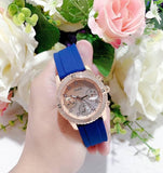 Guess Confetti Diamonds Gold Dial Blue Rubber Strap Watch For Women - W1098L6