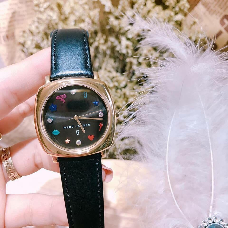Marc Jacobs Mandy Black Dial Black Leather Strap Watch for Women