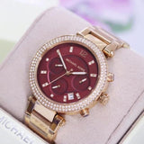 Michael Kors Parker Chronograph Red Dial Rose Gold Steel Strap Watch For Women - MK6106