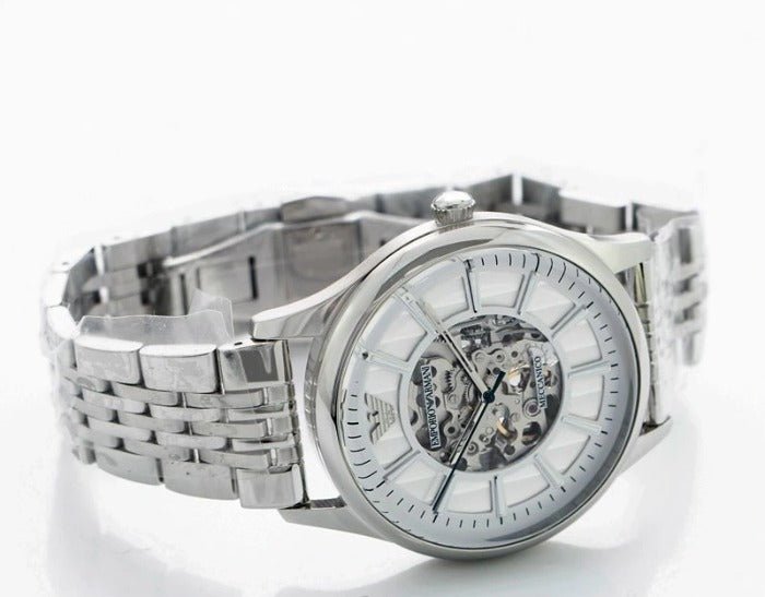 Emporio Armani Meccanico Skeleton Silver Dial Silver Steel Strap Watch